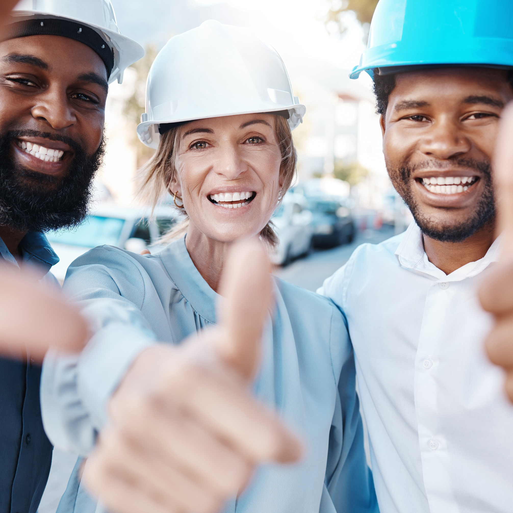 Thumbs up, success of engineer people or architect people with h